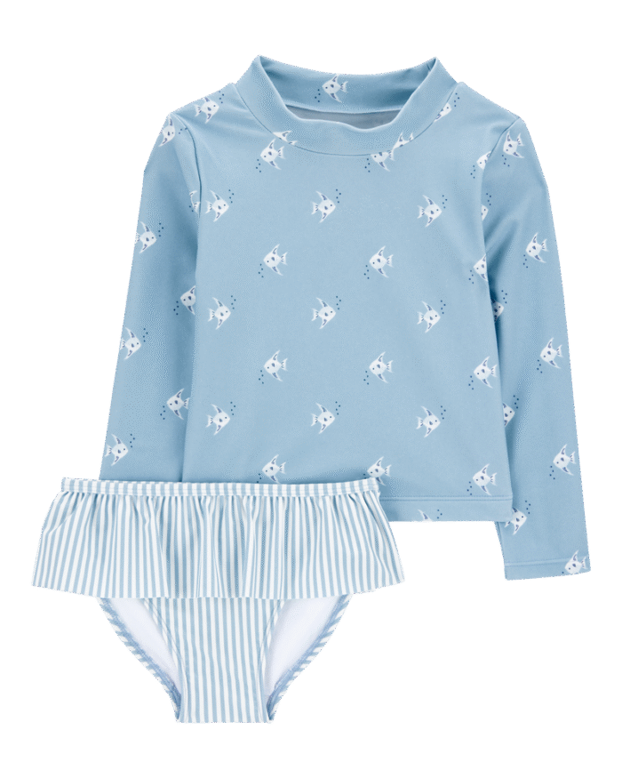 Toddler Girl 2-Piece Shell Striped Long-Sleeve Rashguard Swim Set - Blue